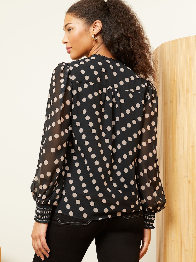 Love & Roses Black and White Polka Dot Notch Neck Printed Blouse - Image 4 of 4
