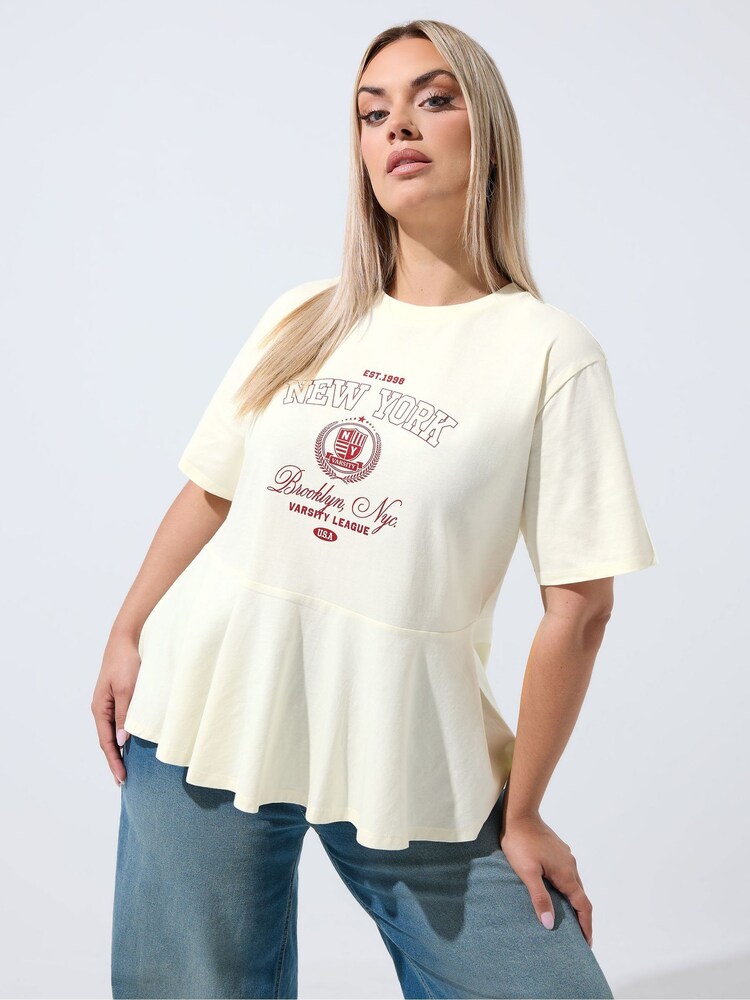 Yours Curve Cream Limited Sporty New York Peplum Top - Image 1 of 6