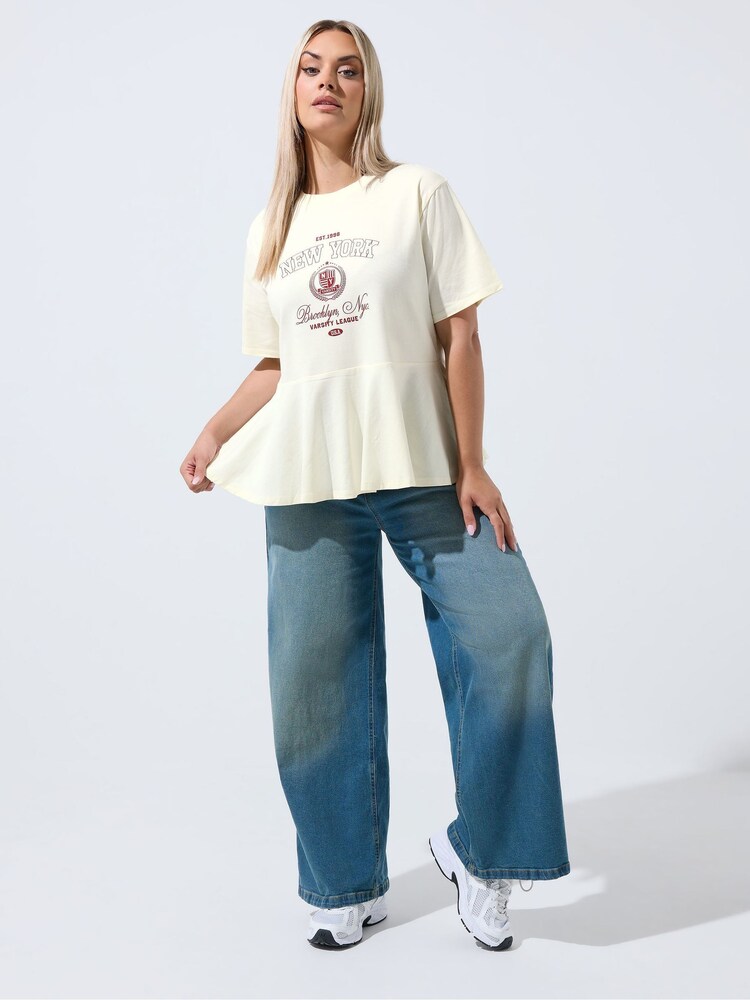 Yours Curve Cream Limited Sporty New York Peplum Top - Image 2 of 6