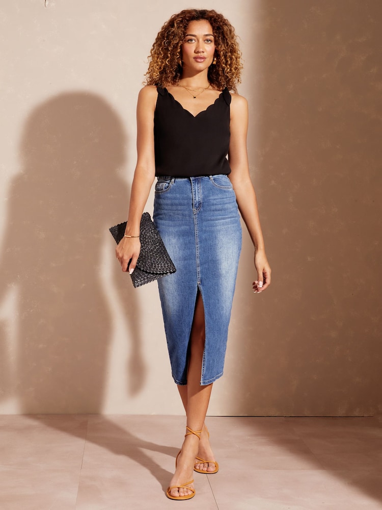 Love & Roses Black Petite V Neck Scallop Detail Tie Shoulder Vest - Image 2 of 3