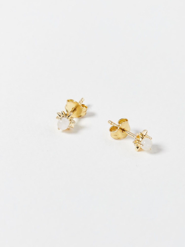 Oliver Bonas Natural Sunburst Stone Detail Gold Plated Stud Earrings - Image 2 of 4