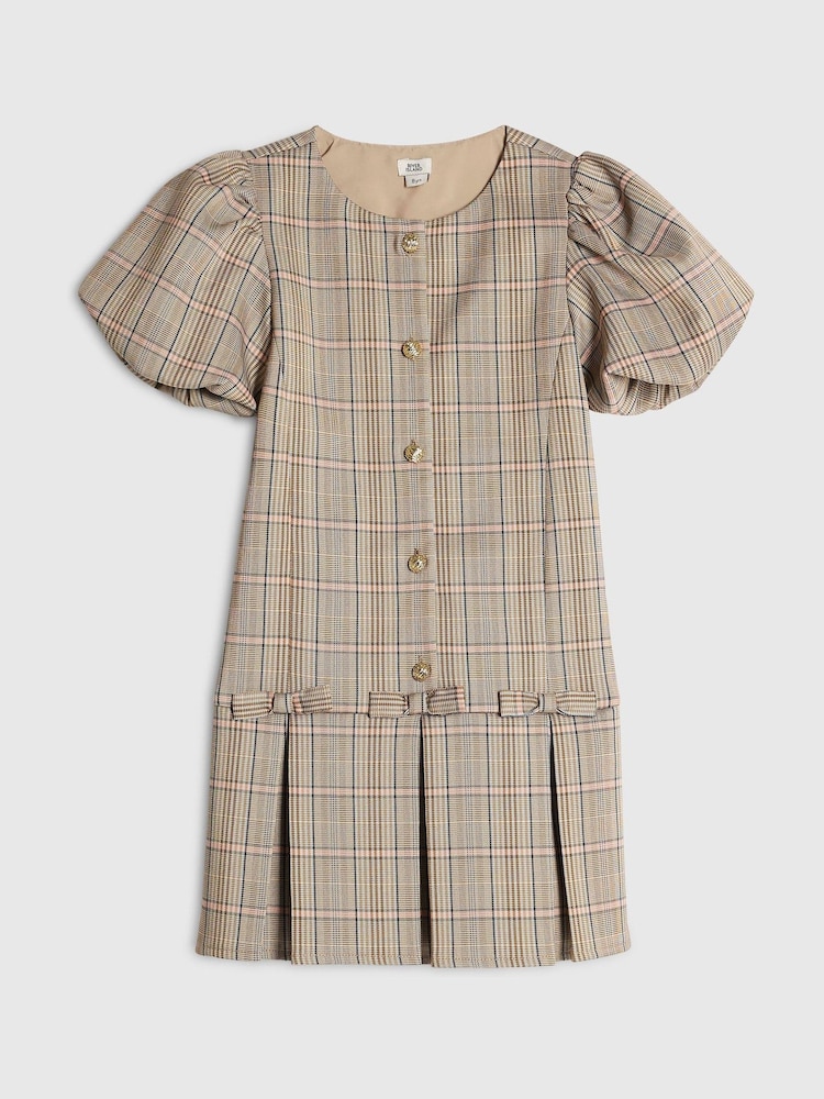 River Island Brown Checked Bow Hem Pleated Dress - Image 1 of 4