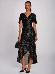 Jolie Moi Black Sequin Angel Sleeve Flare Hem Maxi Dress - Image 1 of 6