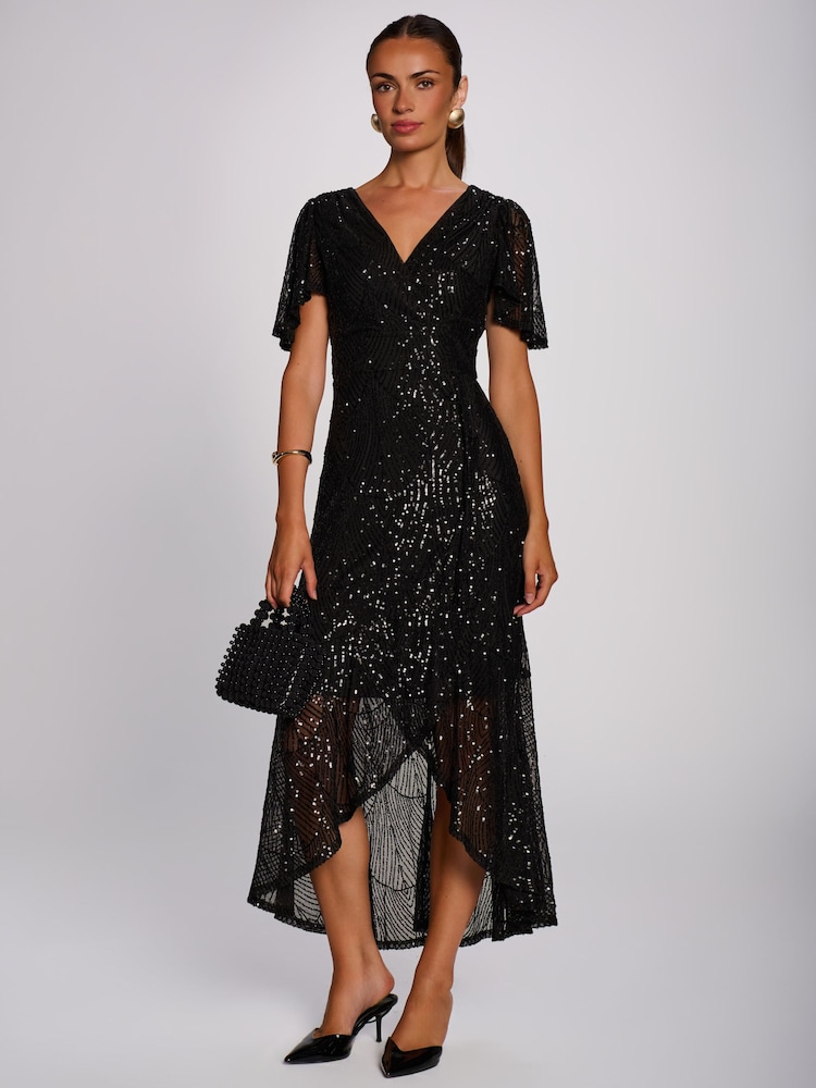 Jolie Moi Black Sequin Angel Sleeve Flare Hem Maxi Dress - Image 1 of 6 Jolie Moi Black Sequin Angel Sleeve Flare Hem Maxi Dress - Image 1 of 6