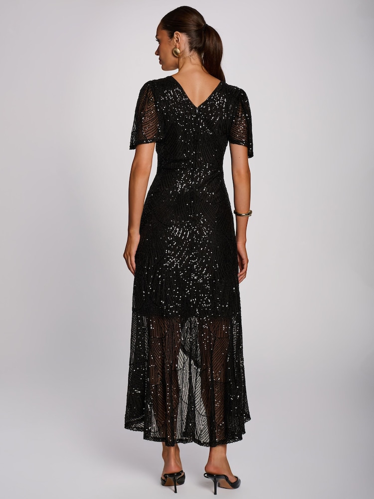 Jolie Moi Black Sequin Angel Sleeve Flare Hem Maxi Dress - Image 2 of 6 Jolie Moi Black Sequin Angel Sleeve Flare Hem Maxi Dress - Image 2 of 6