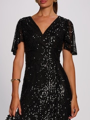 Jolie Moi Black Sequin Angel Sleeve Flare Hem Maxi Dress - Image 3 of 6