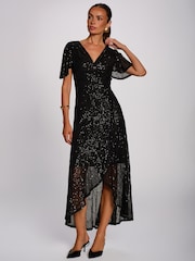 Jolie Moi Black Sequin Angel Sleeve Flare Hem Maxi Dress - Image 4 of 6