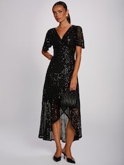 Jolie Moi Black Sequin Angel Sleeve Flare Hem Maxi Dress - Image 5 of 6