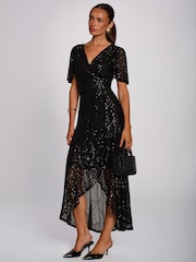 Jolie Moi Black Sequin Angel Sleeve Flare Hem Maxi Dress - Image 6 of 6