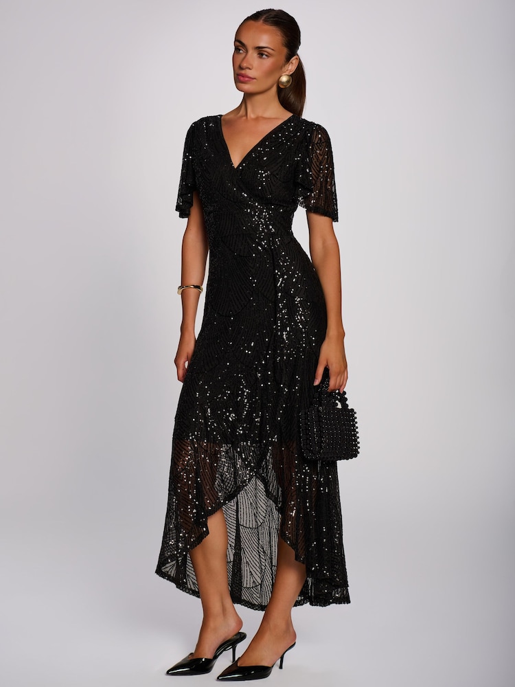 Jolie Moi Black Sequin Angel Sleeve Flare Hem Maxi Dress - Image 6 of 6 Jolie Moi Black Sequin Angel Sleeve Flare Hem Maxi Dress - Image 6 of 6