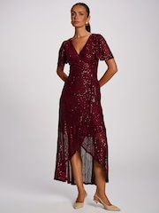 Jolie Moi Burgundy Red Sequin Angel Sleeve Flare Hem Maxi Dress - Image 1 of 6