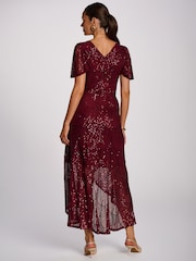Jolie Moi Burgundy Red Sequin Angel Sleeve Flare Hem Maxi Dress - Image 2 of 6