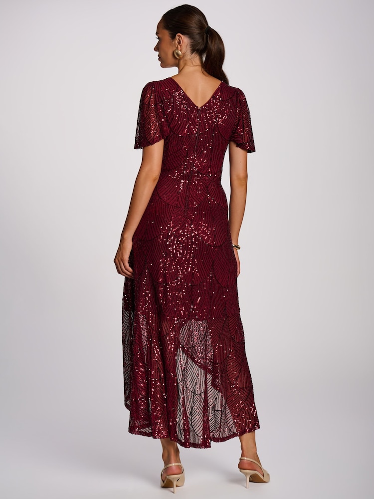 Jolie Moi Burgundy Red Sequin Angel Sleeve Flare Hem Maxi Dress - Image 2 of 6 Jolie Moi Burgundy Red Sequin Angel Sleeve Flare Hem Maxi Dress - Image 2 of 6