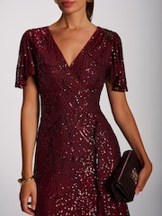 Jolie Moi Burgundy Red Sequin Angel Sleeve Flare Hem Maxi Dress - Image 3 of 6