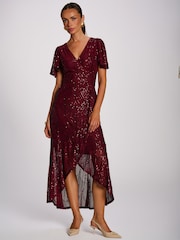 Jolie Moi Burgundy Red Sequin Angel Sleeve Flare Hem Maxi Dress - Image 4 of 6