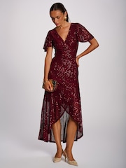 Jolie Moi Burgundy Red Sequin Angel Sleeve Flare Hem Maxi Dress - Image 5 of 6
