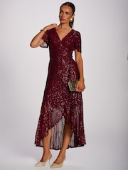 Jolie Moi Burgundy Red Sequin Angel Sleeve Flare Hem Maxi Dress - Image 6 of 6