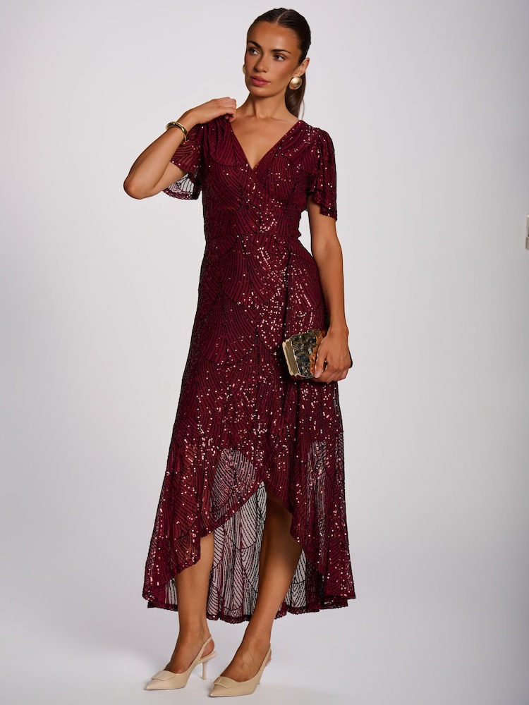 Jolie Moi Burgundy Red Sequin Angel Sleeve Flare Hem Maxi Dress - Image 6 of 6 Jolie Moi Burgundy Red Sequin Angel Sleeve Flare Hem Maxi Dress - Image 6 of 6
