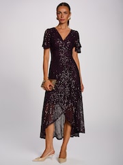Jolie Moi Purple Sequin Angel Sleeve Flare Hem Maxi Dress - Image 1 of 6