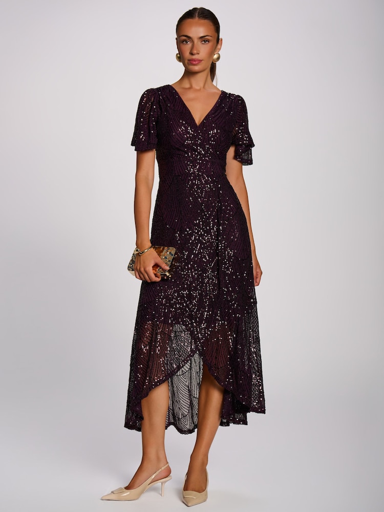 Jolie Moi Purple Sequin Angel Sleeve Flare Hem Maxi Dress - Image 1 of 6 Jolie Moi Purple Sequin Angel Sleeve Flare Hem Maxi Dress - Image 1 of 6