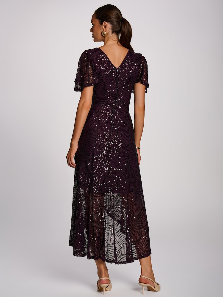 Jolie Moi Purple Sequin Angel Sleeve Flare Hem Maxi Dress - Image 2 of 6 Jolie Moi Purple Sequin Angel Sleeve Flare Hem Maxi Dress - Image 2 of 6