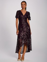 Jolie Moi Purple Sequin Angel Sleeve Flare Hem Maxi Dress - Image 4 of 6