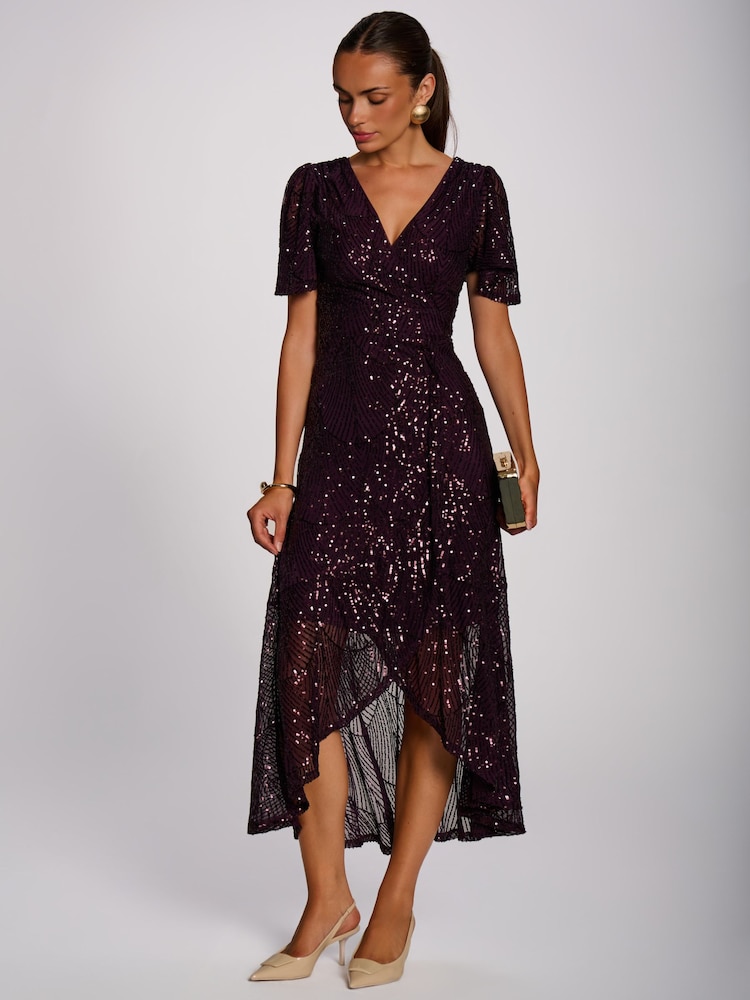 Jolie Moi Purple Sequin Angel Sleeve Flare Hem Maxi Dress - Image 6 of 6 Jolie Moi Purple Sequin Angel Sleeve Flare Hem Maxi Dress - Image 6 of 6
