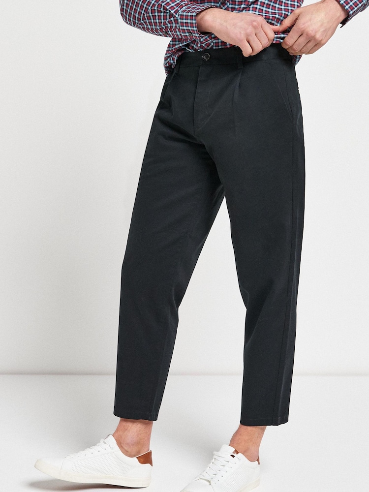 Black Single Pleat Regular Tapered Stretch Chino Trousers - Image 1 of 4