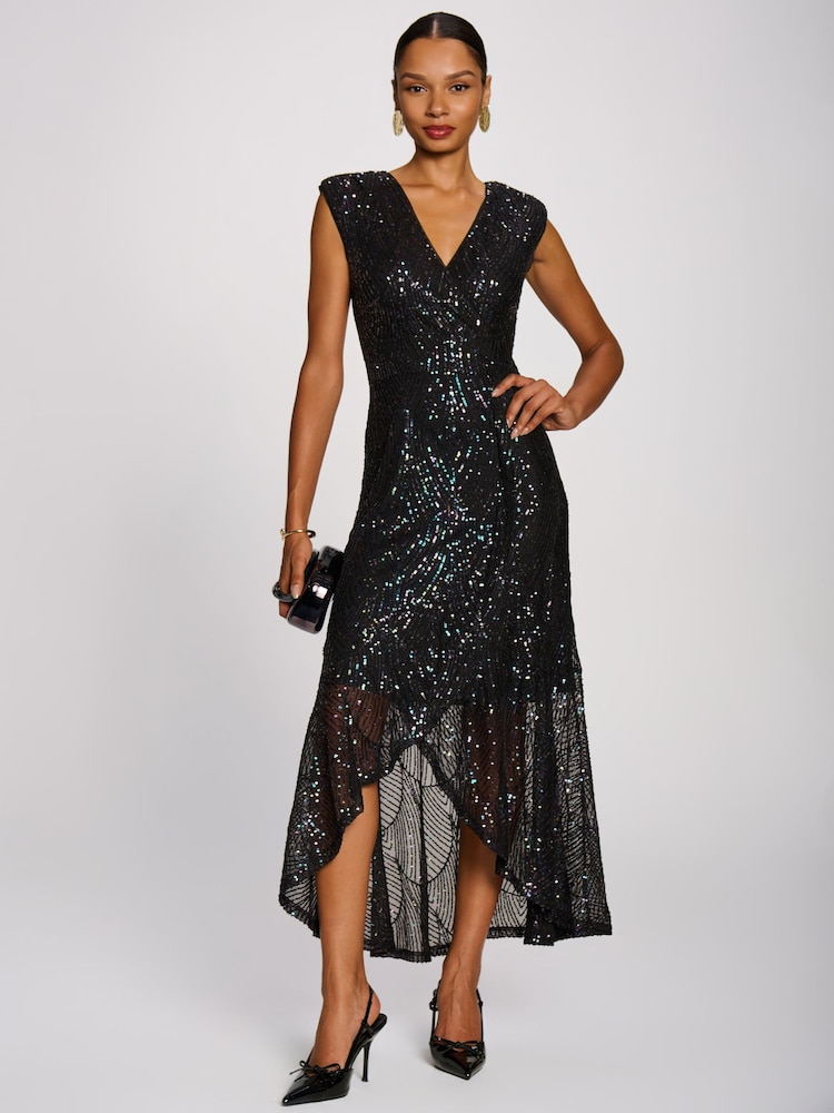 Jolie Moi Black Sequin V-Neck Maxi Dress - Image 1 of 6 Jolie Moi Black Sequin V-Neck Maxi Dress - Image 1 of 6