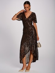 Jolie Moi Brown Sequin Angel Sleeve Flare Hem Maxi Dress - Image 1 of 6