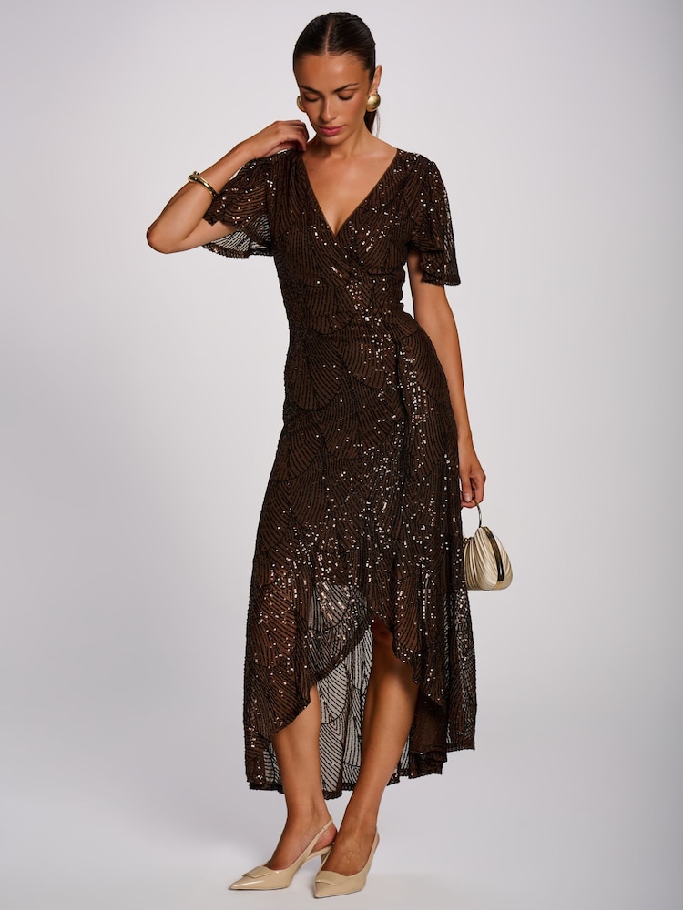 Jolie Moi Brown Sequin Angel Sleeve Flare Hem Maxi Dress - Image 1 of 6 Jolie Moi Brown Sequin Angel Sleeve Flare Hem Maxi Dress - Image 1 of 6