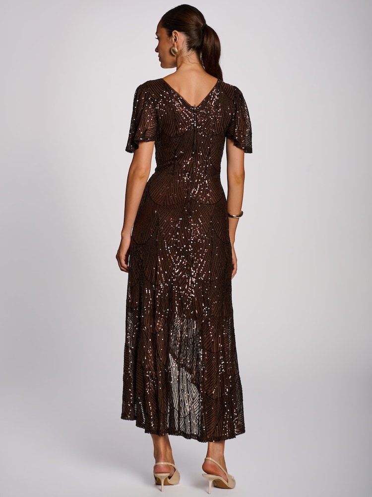 Jolie Moi Brown Sequin Angel Sleeve Flare Hem Maxi Dress - Image 2 of 6 Jolie Moi Brown Sequin Angel Sleeve Flare Hem Maxi Dress - Image 2 of 6