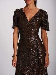Jolie Moi Brown Sequin Angel Sleeve Flare Hem Maxi Dress - Image 3 of 6