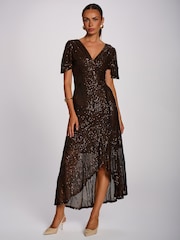 Jolie Moi Brown Sequin Angel Sleeve Flare Hem Maxi Dress - Image 4 of 6