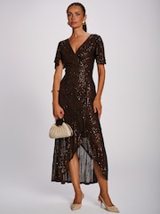 Jolie Moi Brown Sequin Angel Sleeve Flare Hem Maxi Dress - Image 6 of 6