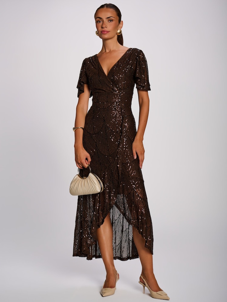Jolie Moi Brown Sequin Angel Sleeve Flare Hem Maxi Dress - Image 6 of 6 Jolie Moi Brown Sequin Angel Sleeve Flare Hem Maxi Dress - Image 6 of 6
