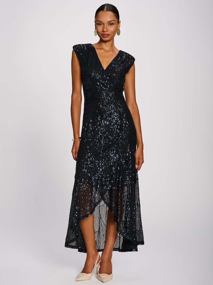Jolie Moi Navy Blue Sequin V-Neck Maxi Dress - Image 1 of 6 Jolie Moi Navy Blue Sequin V-Neck Maxi Dress - Image 1 of 6