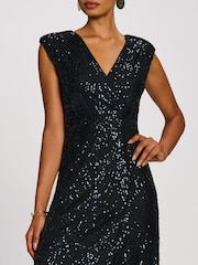 Jolie Moi Navy Blue Sequin V-Neck Maxi Dress - Image 3 of 6