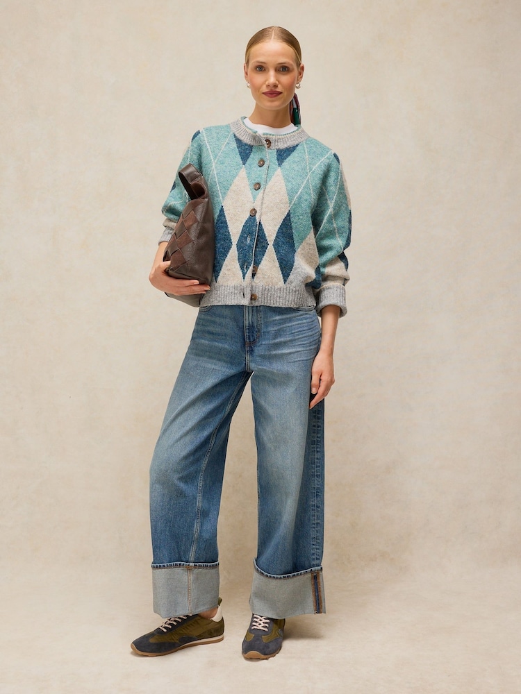 White Stuff Blue Argyle Check Cardigan - Image 1 of 6 White Stuff Blue Argyle Check Cardigan - Image 1 of 6