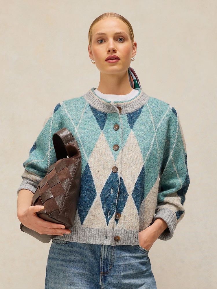 White Stuff Blue Argyle Check Cardigan - Image 2 of 6 White Stuff Blue Argyle Check Cardigan - Image 2 of 6