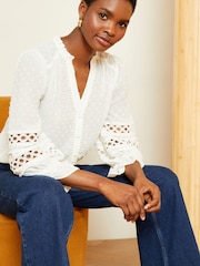 Love & Roses Ivory White 3/4 Sleeve V Neck Dobby Blouse - Image 1 of 4
