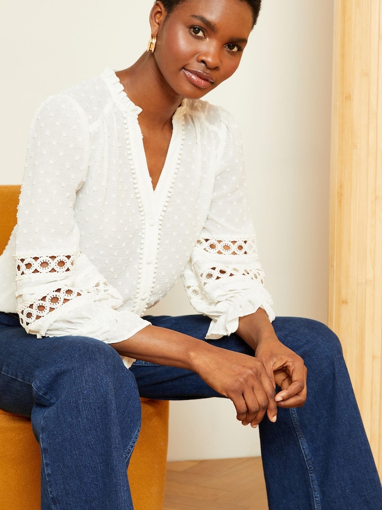 Love & Roses Ivory White 3/4 Sleeve V Neck Dobby Blouse - Image 1 of 4