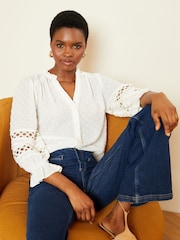 Love & Roses Ivory White 3/4 Sleeve V Neck Dobby Blouse - Image 2 of 4