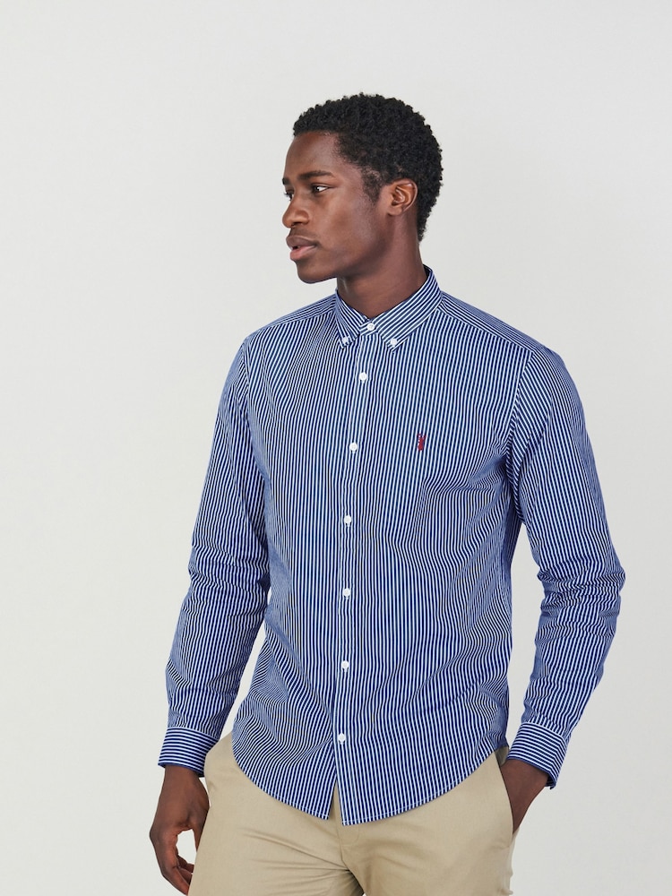 Navy/White 100% Cotton Stripe Long Sleeve Oxford Shirt - Image 3 of 5