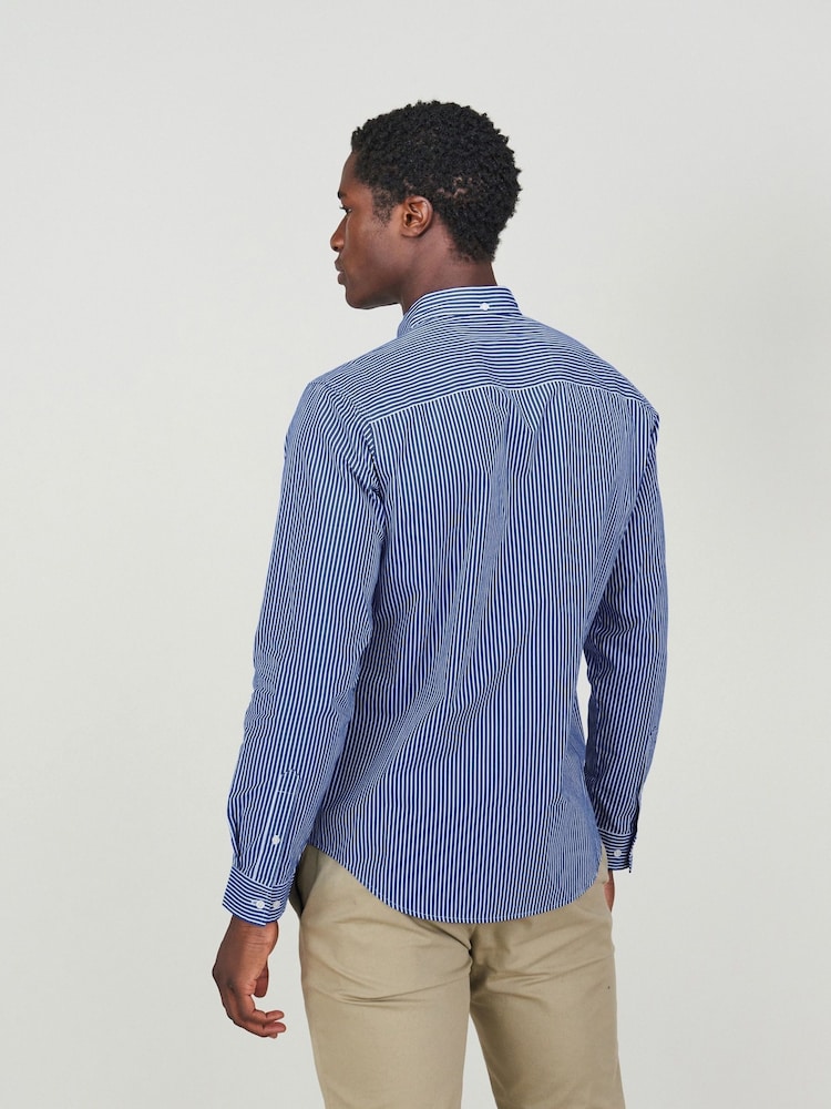 Navy/White 100% Cotton Stripe Long Sleeve Oxford Shirt - Image 4 of 5