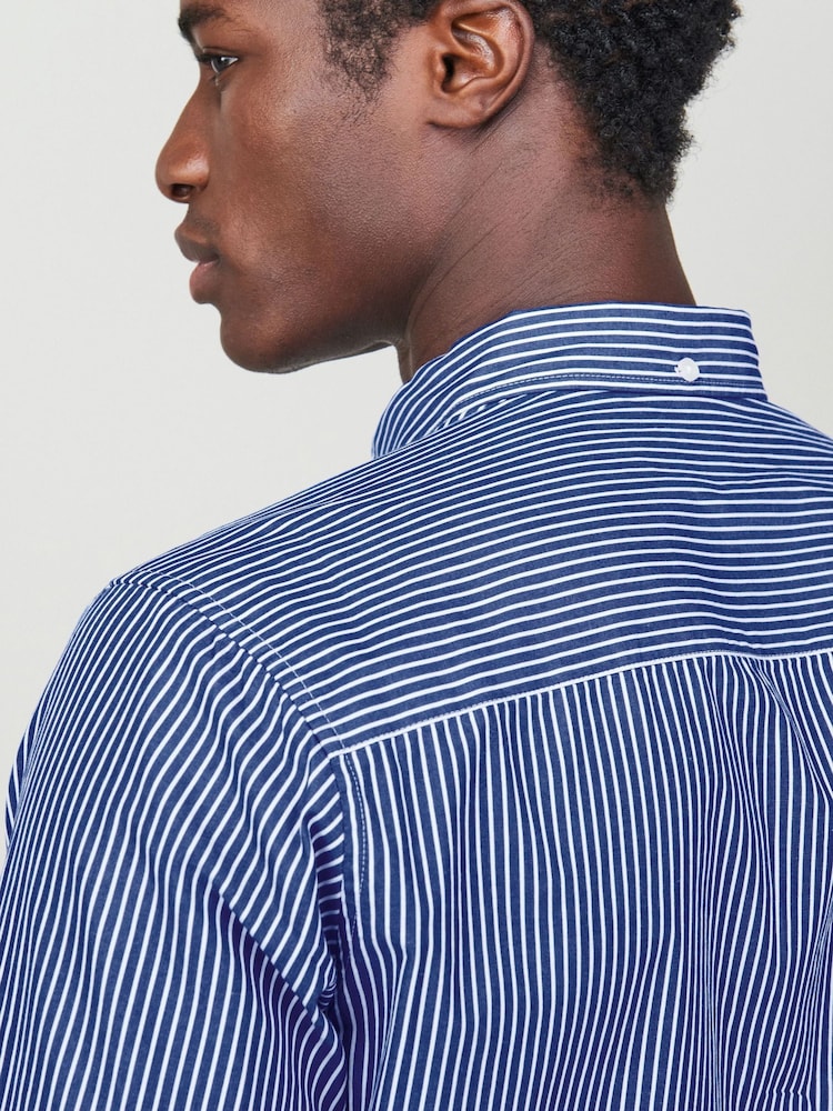 Navy/White 100% Cotton Stripe Long Sleeve Oxford Shirt - Image 5 of 5