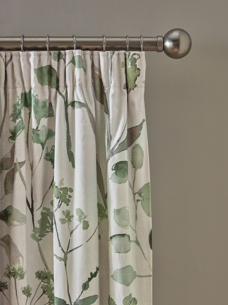 Green Isla Floral Print Pencil Pleat Blackout/Thermal 100% Cotton Curtains - Image 1 of 8