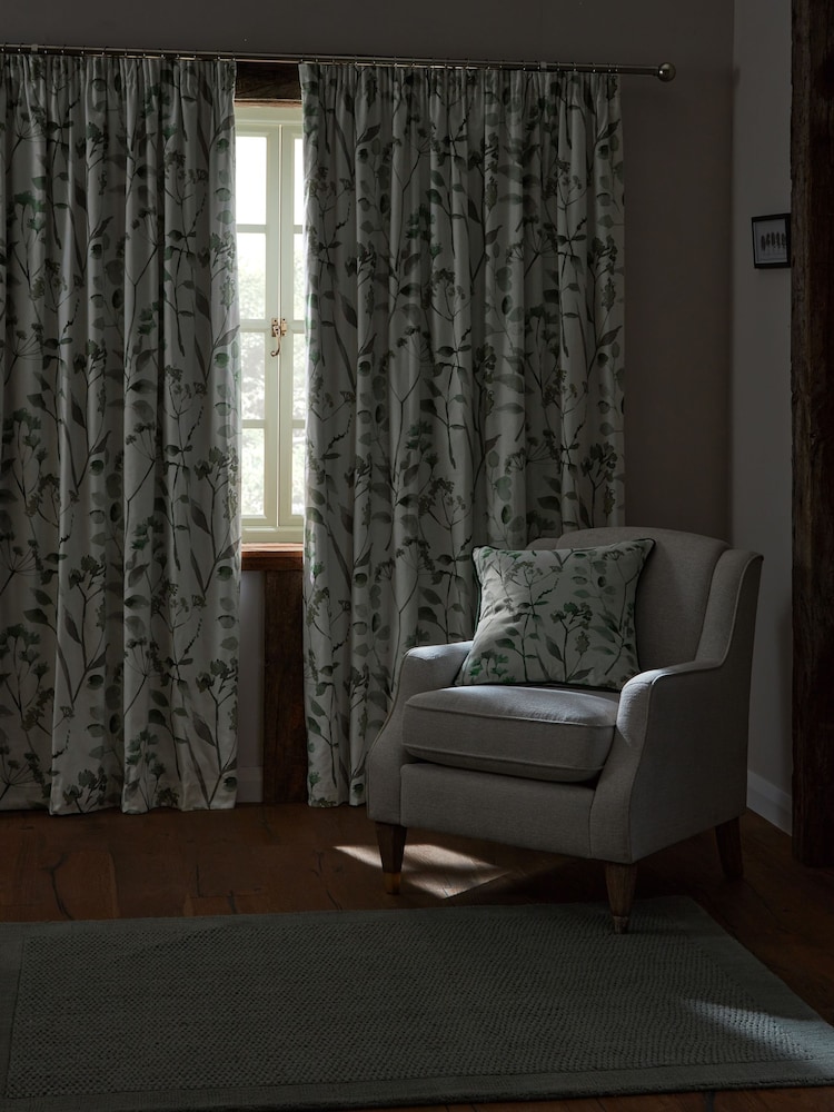 Green Isla Floral Print Pencil Pleat Blackout/Thermal 100% Cotton Curtains - Image 6 of 8