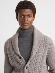 Reiss Mink Melange Ashbury Cotton Blend Cable Knit Cardigan - Image 1 of 5