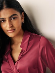 Red Satin Wrap Long Sleeve Shirt - Image 3 of 6
